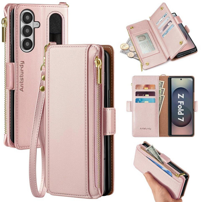 Antsturdy 삼성 갤럭시 Z Fold7 케이스 지갑 카드 홀더 포함 Z 폴드 7 5G 휴대폰 케이스 스트랩 충격 방지 PU 가죽 RFID 차단 플립 커버 신용 카드 슬