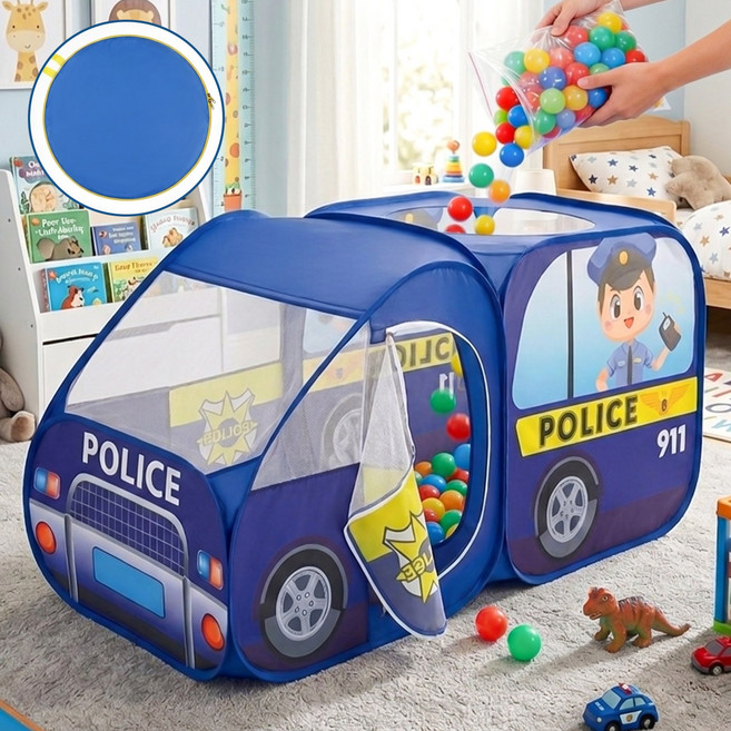 Flyaiku 경찰차 캐릭터 원터치 접이식 휴대용 실내외 텐트 대형 차량 헤드 디자인 메쉬 창 수납가방 포함, 1개, 블루