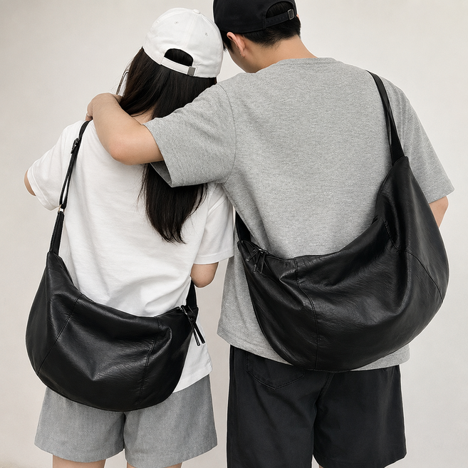 티모바 가죽 크로와상백 반달 크로스 가방 남녀공용 가벼운 여행용 슬링백