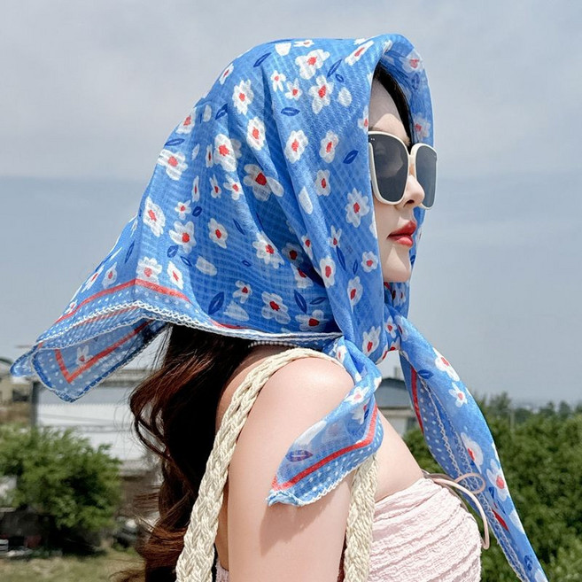 田園風紅色小碎花絲巾 90x90cm 方巾 頭巾 披肩