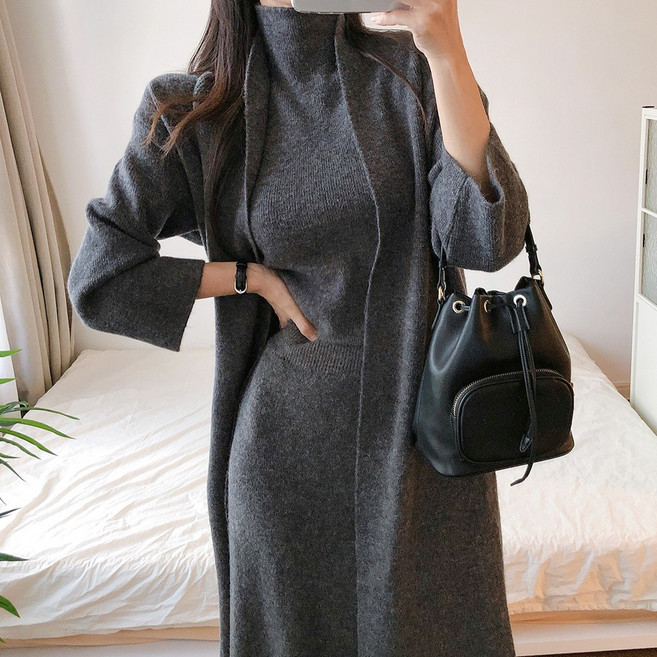 요시아나 [당일발송] 세련된 레노라 니트 숄 가디건 폴라 나시 롱스커트 쓰리피스 세트 2컬러