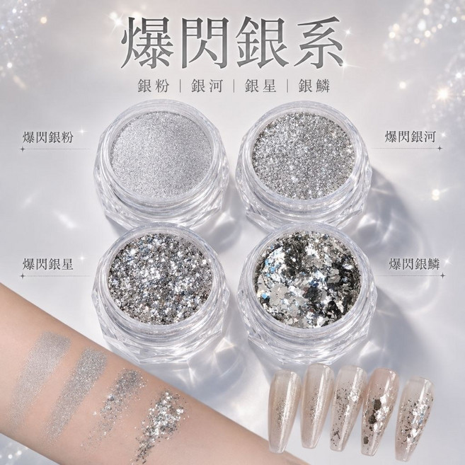 爆閃銀鱗 美甲閃粉飾品 碎鑽粉, 1個, 銀光粉, 銀麟+銀塵-銀光粉