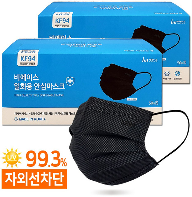 비에이스 KF94 안심마스크 [대형] / 덴탈형 일회용, 대형 블랙, 1세트, 100매
