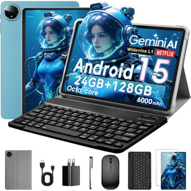10인치 태블릿 안드로이드 15 24GB 램 + 128GB 저장공간 (1TB 확장 가능) 옥타코어 1280x800 IPS HD 터치스크린 5MP+8MP 듀얼 카메라 6000mA, 10인치 태블릿 안드로이드 15 24GB 램 + 128