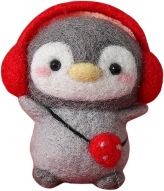 羊毛氈DIY材料包 手作鑰匙圈裝飾 (附教程 配件全配), 耳機企鵝, 1個