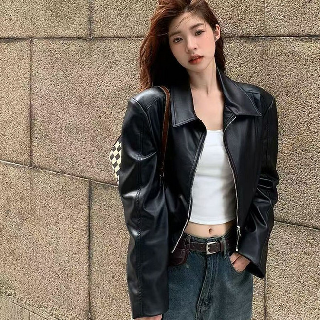 AOKADA 여성 가을 루즈핏 지퍼 PU 자켓 숏 코트