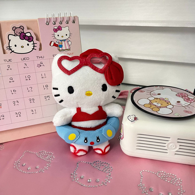 투니스 귀여운 수영권 비키니 하트 안경 고양이 인형 키링, 화이트 + 레드 + 블루