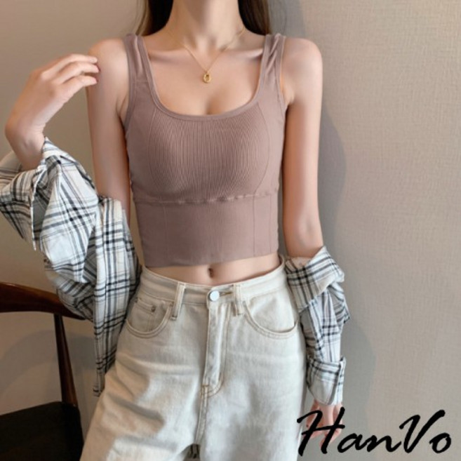 HanVo 方領美背細肩帶背心 附胸墊 運動瑜珈內衣