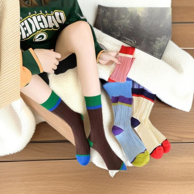세이아 여성 가을 양말 4족세트 데일리 면 골지 컬러 포인트 중목양말