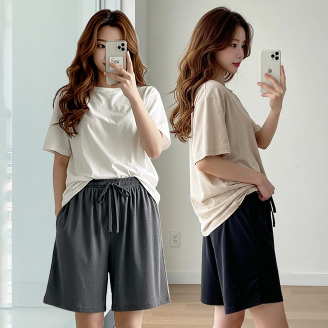 (1+1) 쿨쉐어 여성용 루즈핏 모달 찰랑 밴딩 반바지 홈웨어