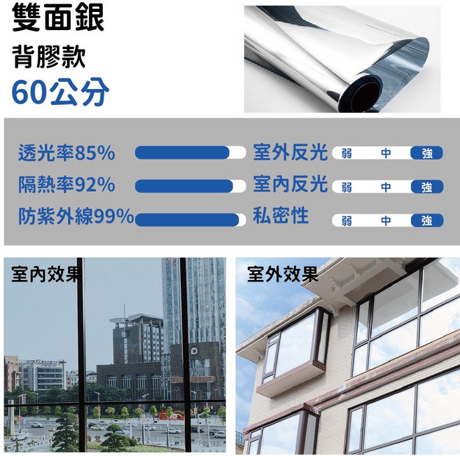 [現貨]隔熱貼 窗戶隔熱紙 隔熱紙汽車 隔熱紙窗戶 隔熱紙 玻璃隔熱紙 背膠款隔熱貼 隔熱 窗貼 60、80公分 無殘膠, 背膠款-雙面銀60公分