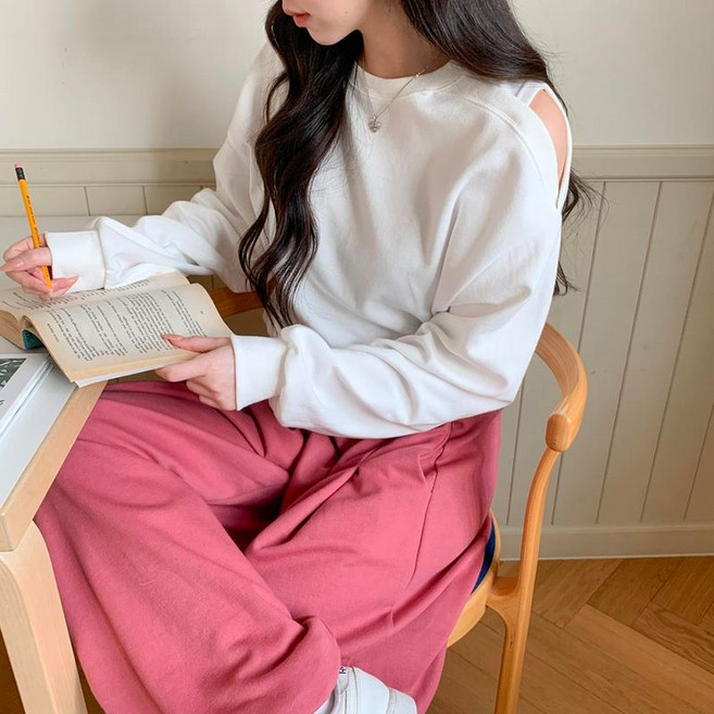 옷자락 여성 캐주얼 시보리 오버핏 어깨트임 숏 맨투맨