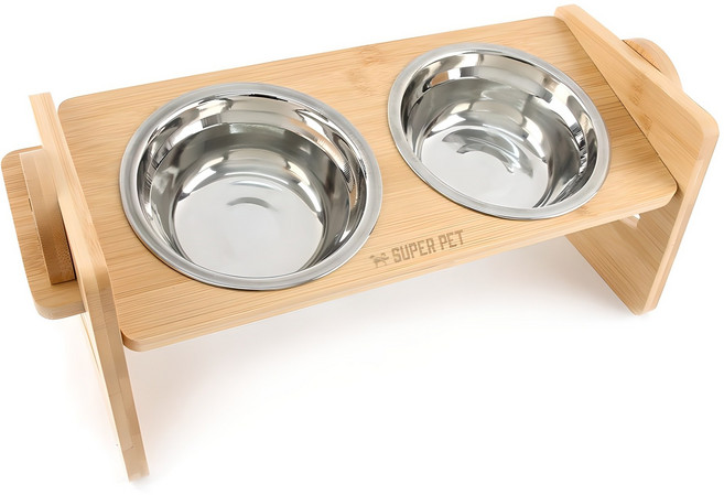 도그아이 반려동물 높이조절 대나무 식탁 + 스텐 식기 2구, 1세트