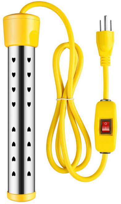 蝦特邁 熱得快燒水棒 安全自動斷電加熱棒 70度電熱管, 1個, 黃色1500W（溫控+開關帶燈款）, 黃色