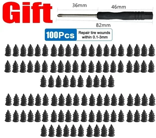 10/500개 진공 타이어 수리 못 펑크 나사 오토바이 장착 세트 튜브리스 휠 키트 패치 아마기, 09 100Pcs small