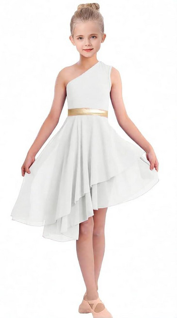 ORIDOOR Oblique Shoulder Praise Dance Costume for Girls Metal Irregular Worship Ceremony Lyrical, 9~10세, 02-화이트