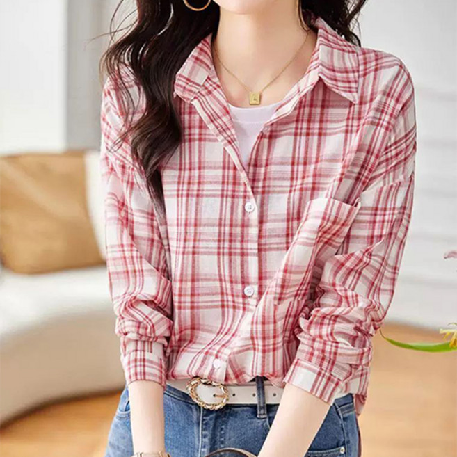 여성 얇은 체크 셔츠 봄 여름 긴팔셔츠 패션 남방 상의