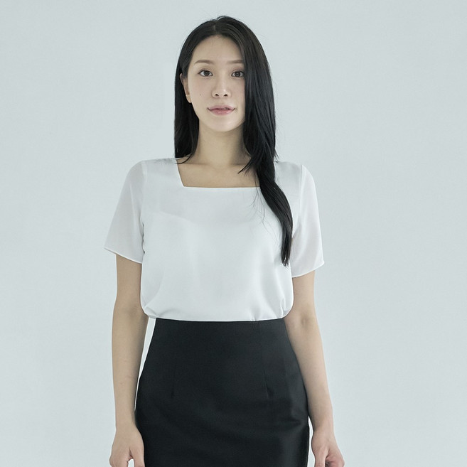 더웨이나인 여성 흰색 스퀘어넥 블라우스 반팔 면접 여름 플레어 square