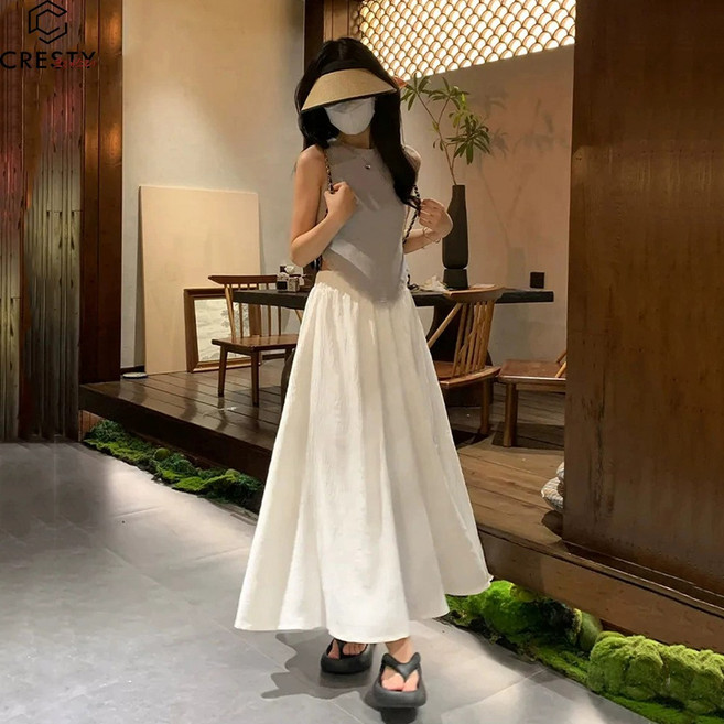 크레스티 여성 밴딩 와이드 롱기장 치마바지 하이웨이스트 A라인 플리츠바지