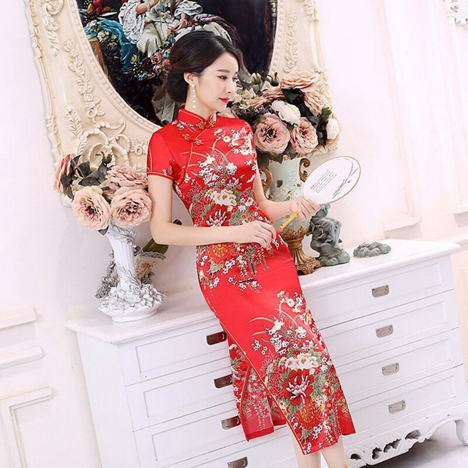 DFMEI 旗袍女長款大碼復古改良走秀演出旗袍裙中國風老上海日常連衣裙