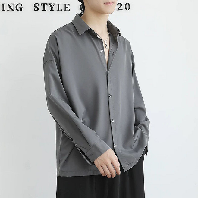 男士長袖襯衫，休閒立領襯衫，春秋季上衣，黑色 白色