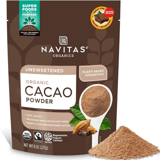 Navitas Organics 可可粉 無糖 植物性超級食物 濃郁風味 適用烘焙飲品, 227g, 1個, 1個裝