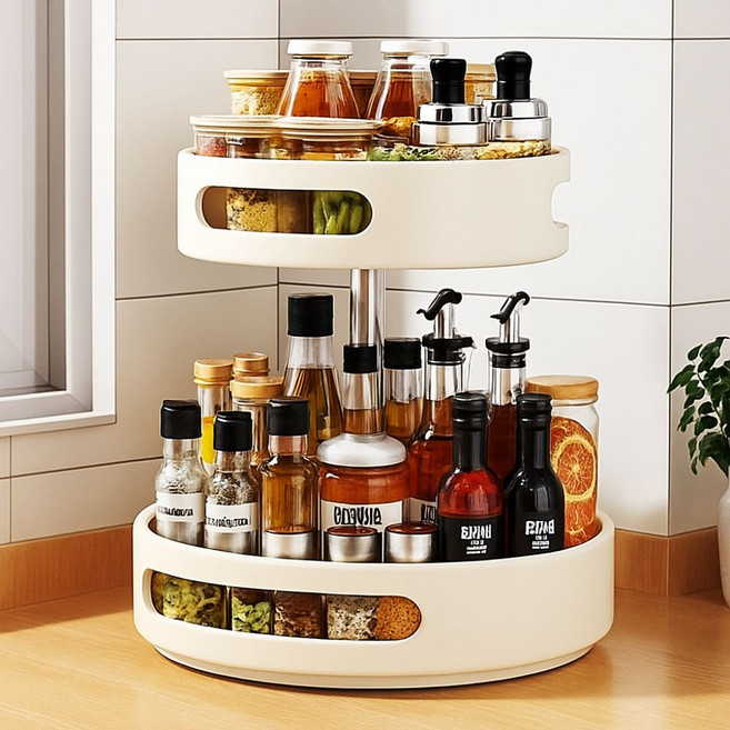 회전 트레이 2단 다용도 정리 양념통 주방 화장품 영양제 수납, 아이보리, 1개