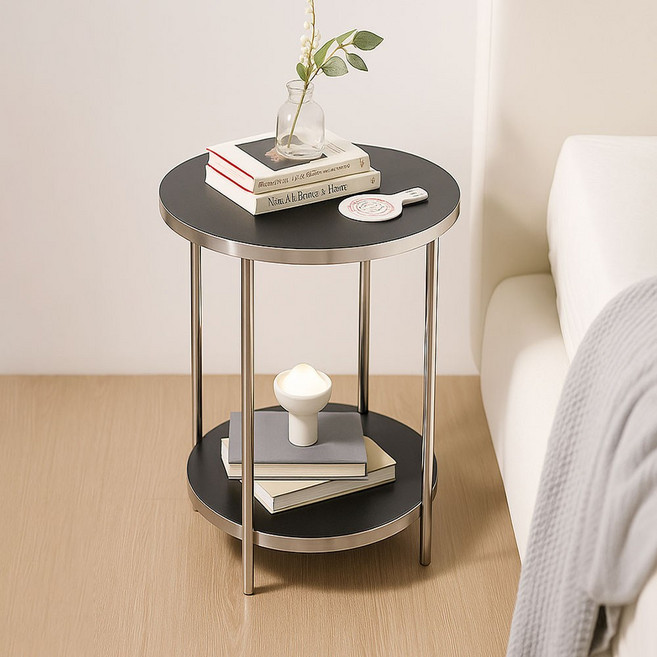 국내생산!! 아르떼 소파 거실 침대 사이드테이블 침대협탁 원형/타원형 (6컬러), 1. 원형-크롬블랙