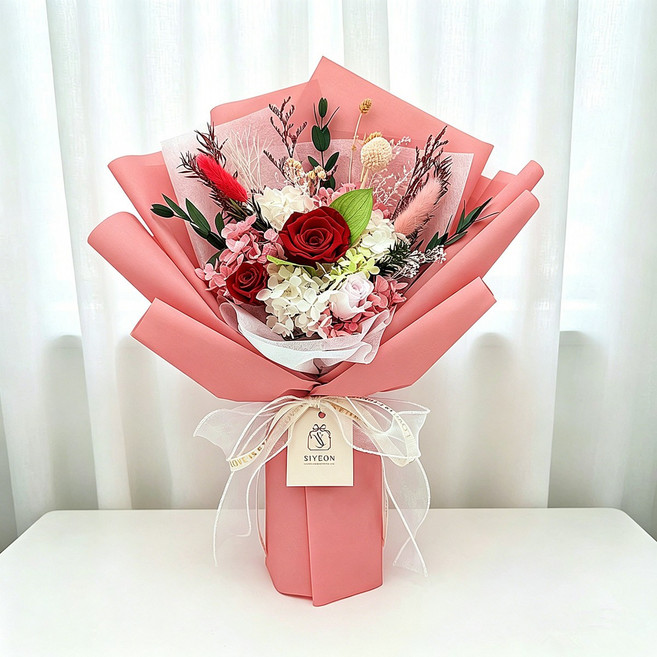 시연플라워 생화 프리저브드 꽃다발 ( 28cm X 38cm ) + 쇼핑백, 1 레드
