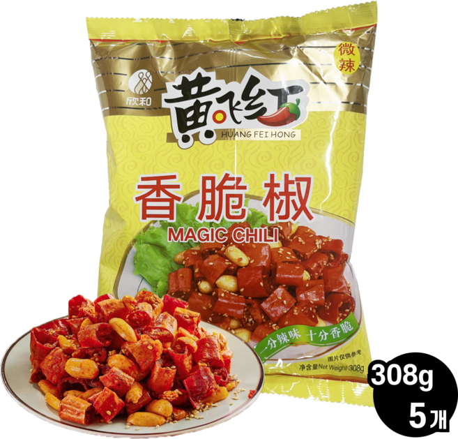 왕부정 중국식품 황비홍 향취고추 향취죠 땅콩 간식 마라 고추부각, 308g, 5개