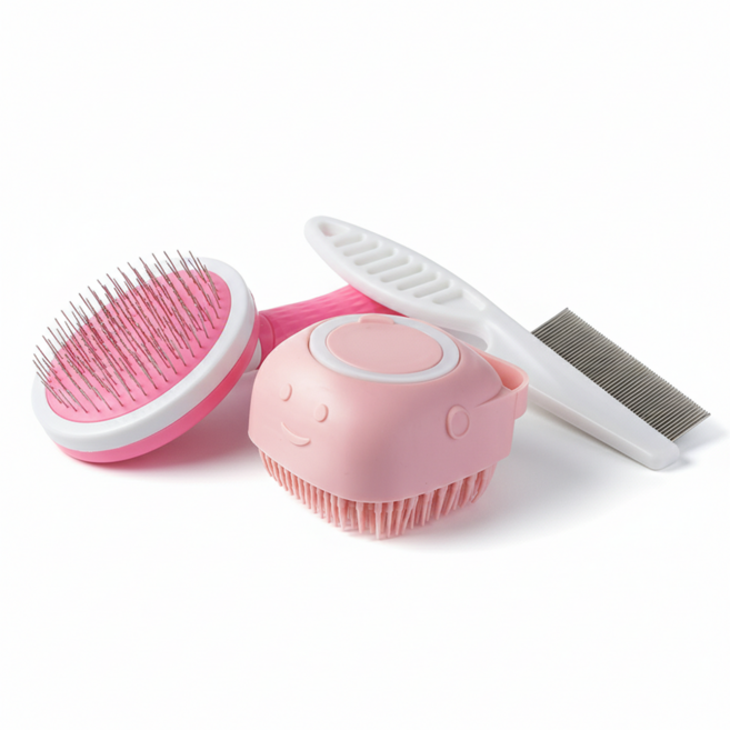 3종 세트 반려동물 샴푸 브러쉬 엉킴 제거 빗 모질 손상 없는 그루밍 세트, 1세트, 핑크 혼합색상 ﻿