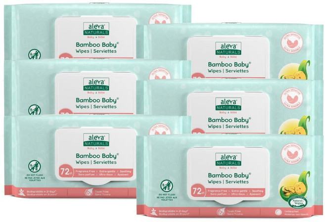 Aleva Naturals Bamboo Baby 민감성 물티슈 | 무향 | 매우 강하고 울트라 소프트 | 천연 및 유기농 성분 | 비건 인증 | 72개입 6팩 - 총 432개입, Aleva NATURAL 내추럴s Bamboo Baby