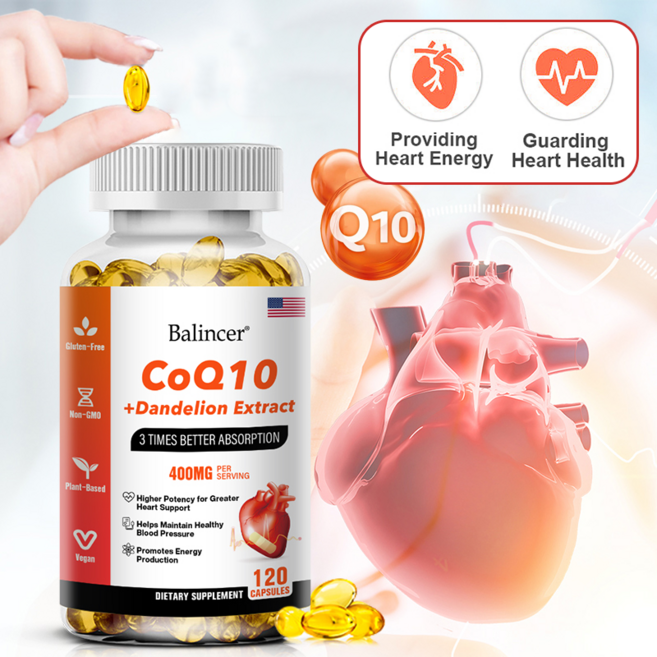 코엔자임 Q10 + 민들레 캡슐 - 심장 건강 혈압 조절 에너지 보충 지구력 항산화 피부 개선에 좋습니다., 1개, 60정