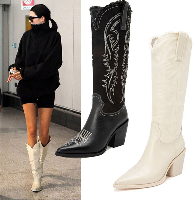 웨스턴 8cm 천연 소가죽 카우보이 롱 부츠