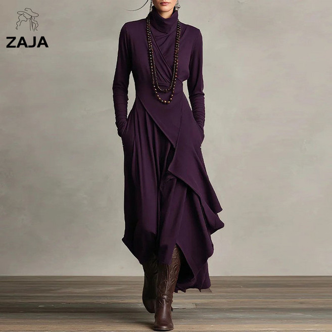 ZAJA 여성 목폴라 원피스 솔리드 긴팔 터틀넥 롱원피스