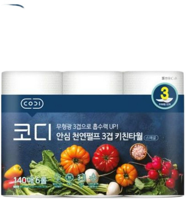 코디 키친타올 키친타월 안심 천연펄프 주방휴지 3겹 140매x6롤 1팩 키친티슈 키친휴지 주방티슈 기름티슈, 140매, 1개