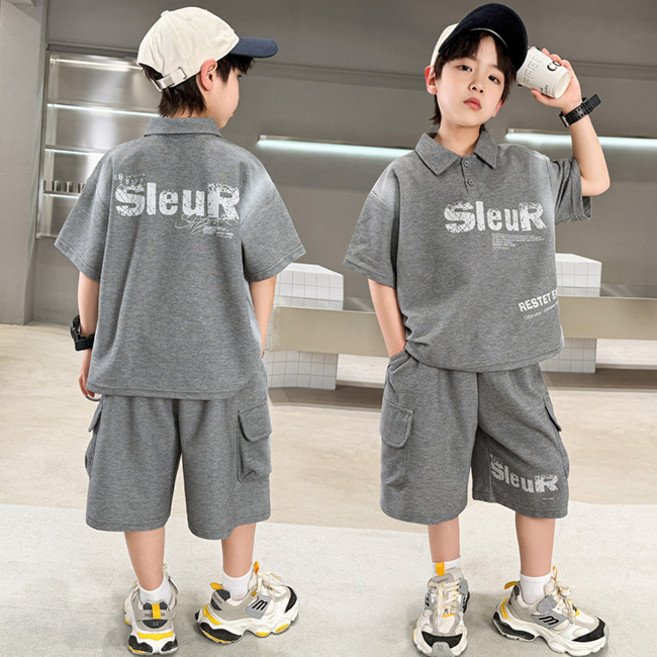비비키드 남아 여름 SleuR 나염 레터링 카라티 상하복 주니어 세트 초중생 반팔티 초등생 카고 반바지 세트 (839)