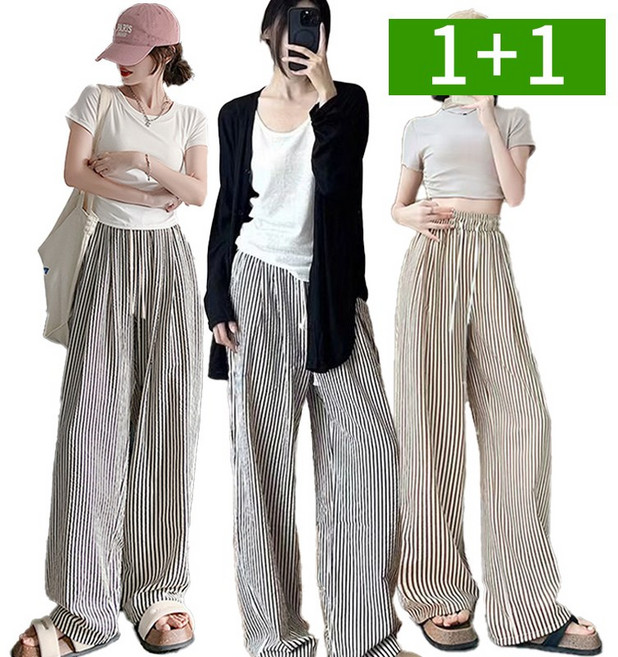 1+1 시어서커 여성 스트라이프바지 와이드 밴딩 여름 팬츠