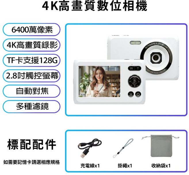 2.8吋螢幕 4K高畫質數位相機 6400萬像素拍照 4K錄影 數位變焦 自動對焦 復古相機, 白色,加購32G記憶卡