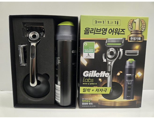 빈스누스킨 [정품] 밀착+저자극면도 질레트 랩스 딥클렌징바 어워즈 한정기획 (핸들+2입날+쉐이빙젤+거치대), 1개, 핸들+2입날+쉐이빙젤+거치대