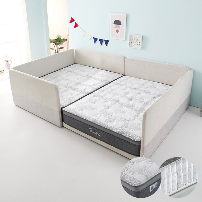 가이온 꽃잠 저상형 패밀리 가족침대, 둥지형_퀸+퀸_패밀리전용매트_크림연그레이