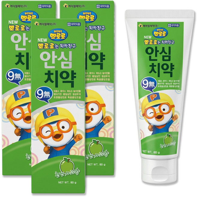 뽀로로 치카친구 안심 치약 천연 사과향 어린이 유아 아기 아동 구강 케어, 3개, 80g