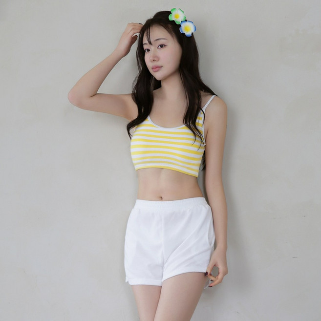 클레이스 스트라이프 비키니 캐주얼 3p 수영복 세트, 옐로우