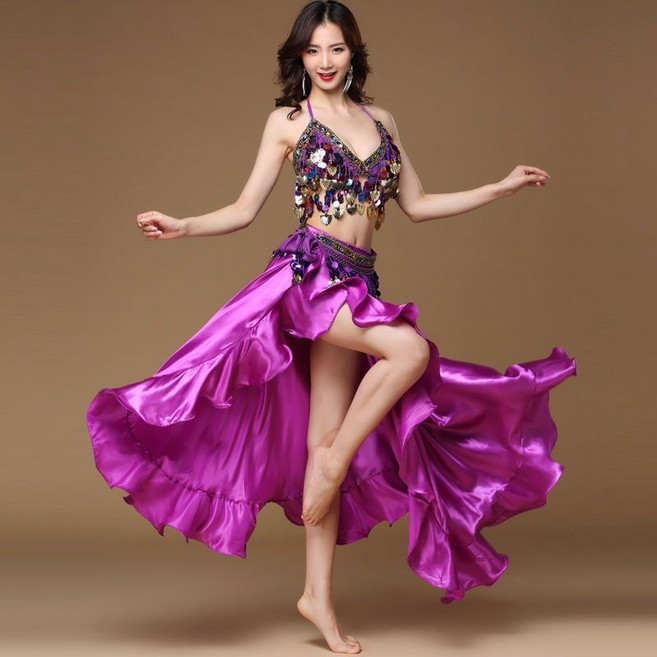 FANSYLI 벨리댄스복 세트 여성 여름 공연복 인도춤 스팽글 프린지 브라 수술 스커트 세트 공연 벨리복 W2407J02, 퍼플