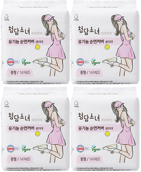 청담소녀 유기농 순면 생리대, 4개, 14개입, 중형