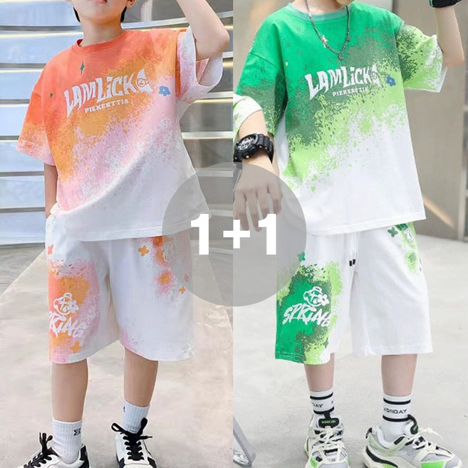 지디오 주니어 남아 여름 상하복 2개 세트 그라데이션 반팔 티셔츠 밴딩 반바지 투피스
