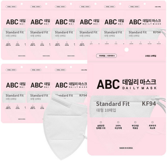 [100매] ABC 에이비씨 데일리 황사방역용 마스크 대형 KF94 10매입 10개, 10개입, 흰색