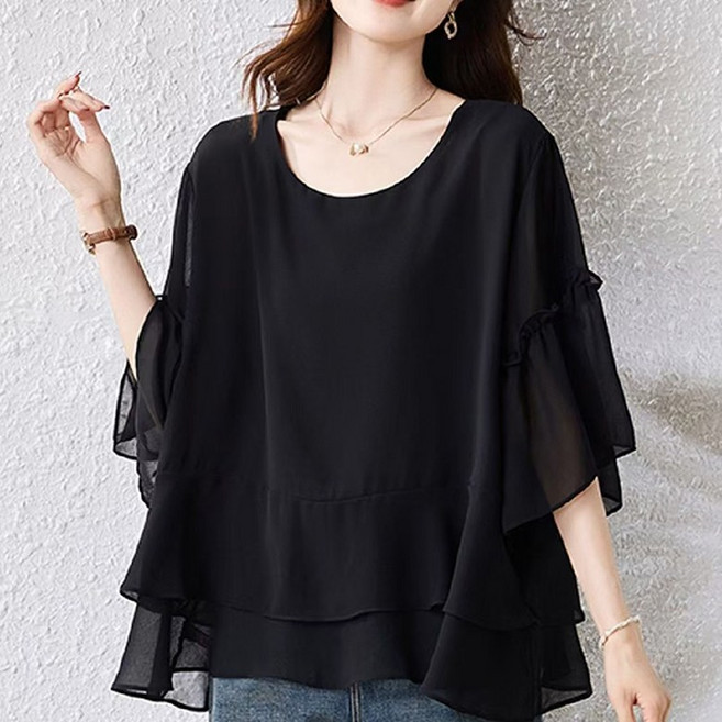 빅사이즈 여성 쉬폰 블라우스 캐주얼 라운드넥 반팔 티셔츠 봄 여름 중년여성의류 오피스룩 루즈핏