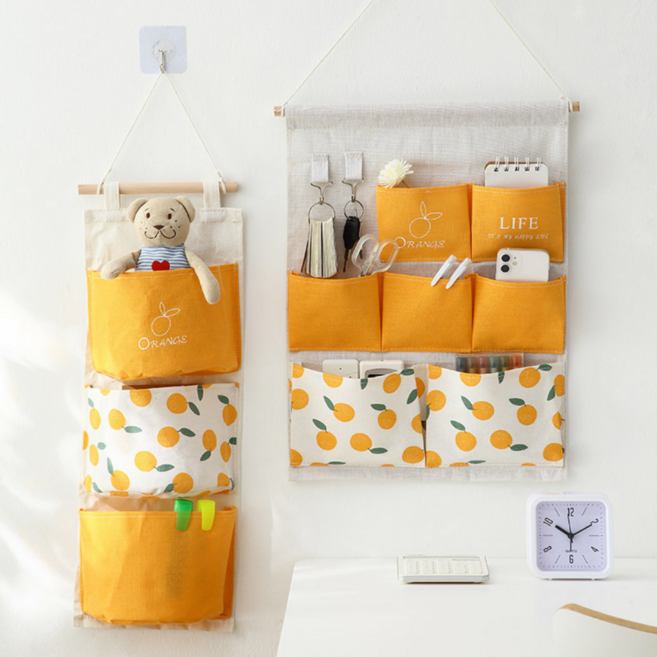 일상채움 린넨 벽걸이 다용도 수납 정리 포켓 2종 세트, 오렌지