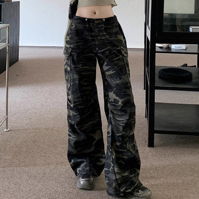 메이리앤 여성 와이드 카고 팬츠 밀리터리 밴딩 카모 바지